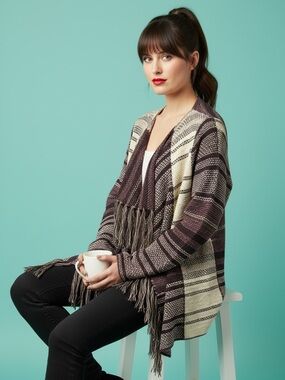 Temperance Purple Oatmeal Textured Fringed Open Front Cardigan Size L